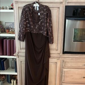 David's Bridal Chocolate Long Sleeve Dress with Sequin Overlay